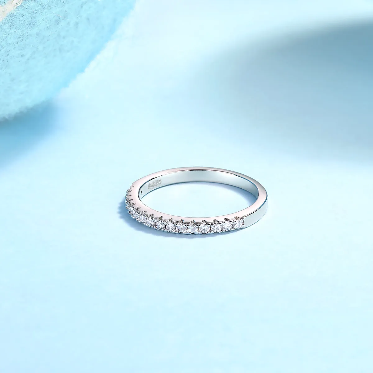 Parallel World moissanite wedding ring set in gold, S925 silver with platinum plating, on white background