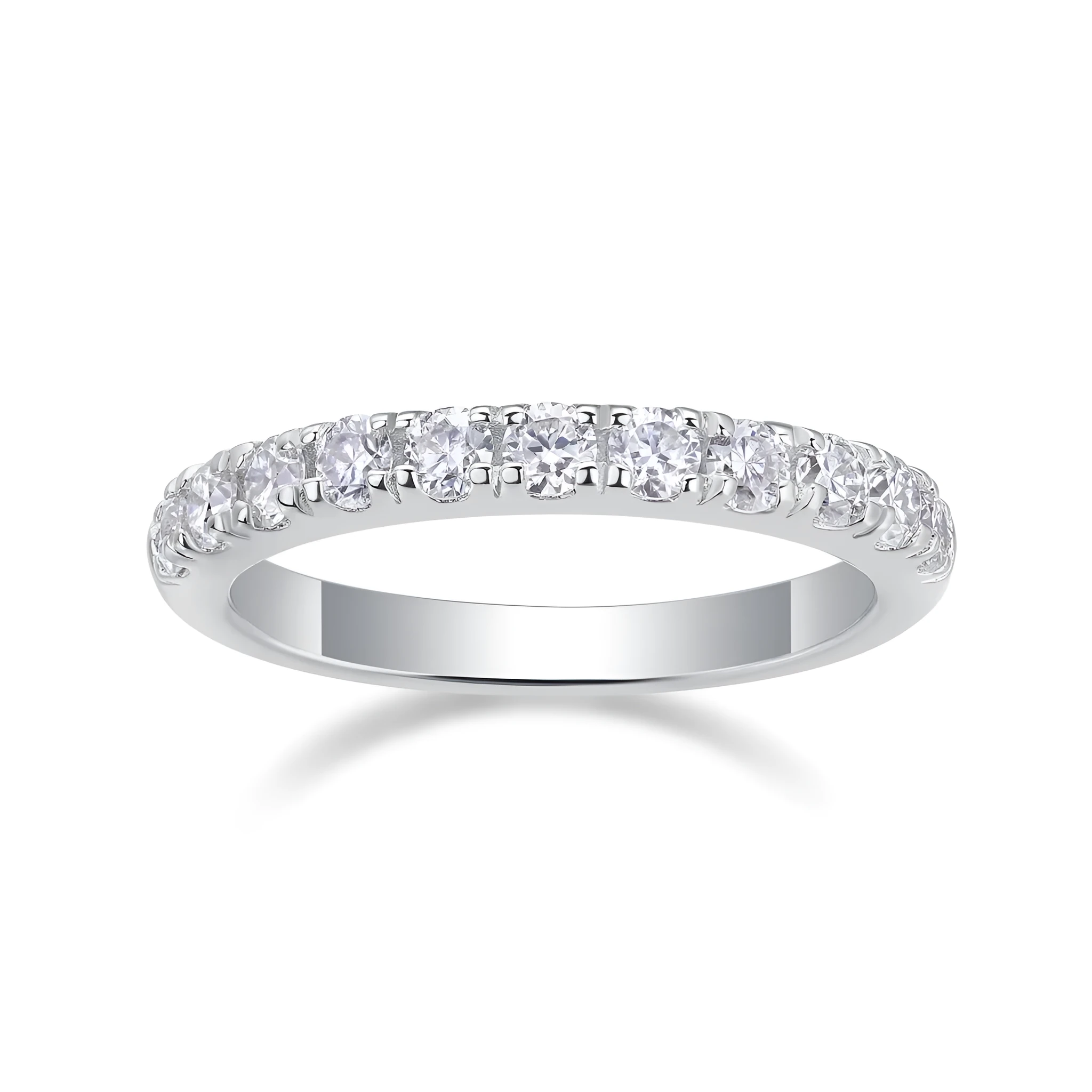 Parallel World moissanite wedding ring set in gold, S925 silver with platinum plating, on white background