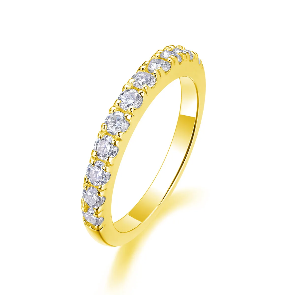 Parallel World moissanite wedding ring set in gold, S925 silver with platinum plating, on white background