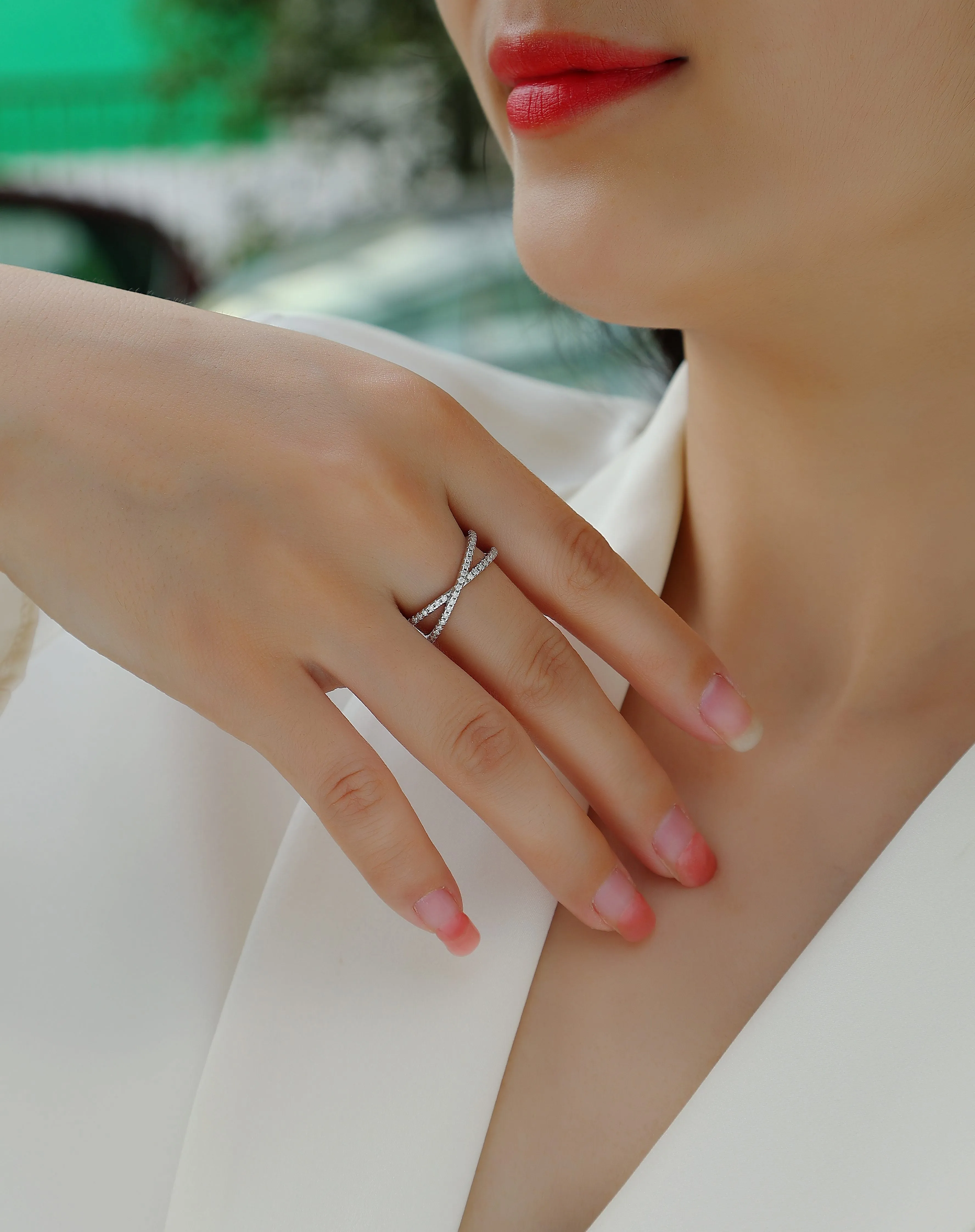 Love Interwoven moissanite wedding ring set in gold finish, S925 silver platinum plated, on white background with gift box.
