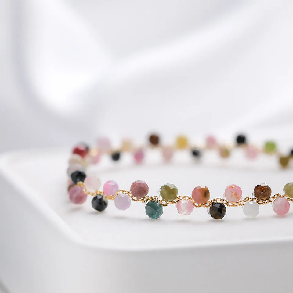 Hand-woven natural stone bracelet with tourmaline, amethyst, lapis lazuli and other crystal beads, adjustable fit