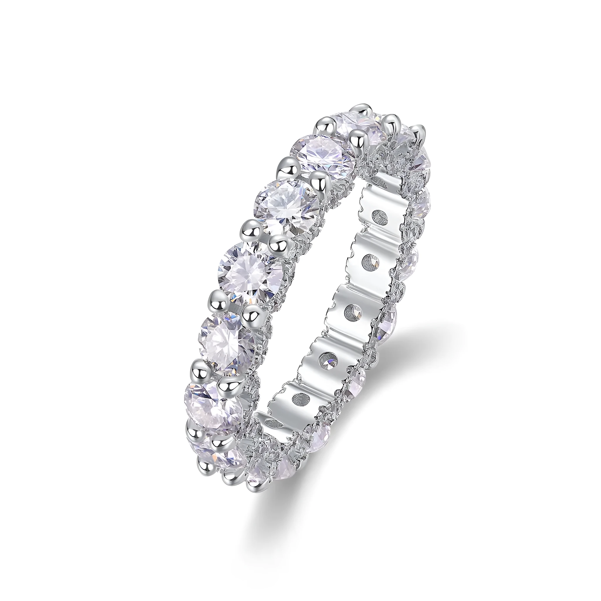 Ferris Wheel moissanite ring set in S925 silver with platinum plating on a white background