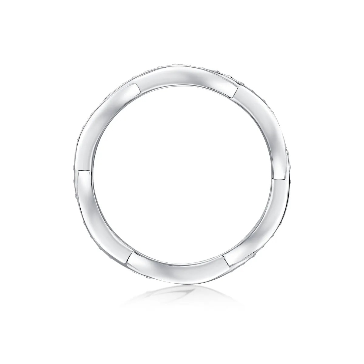 Moissanite wedding ring set in S925 silver with platinum plating on a white background
