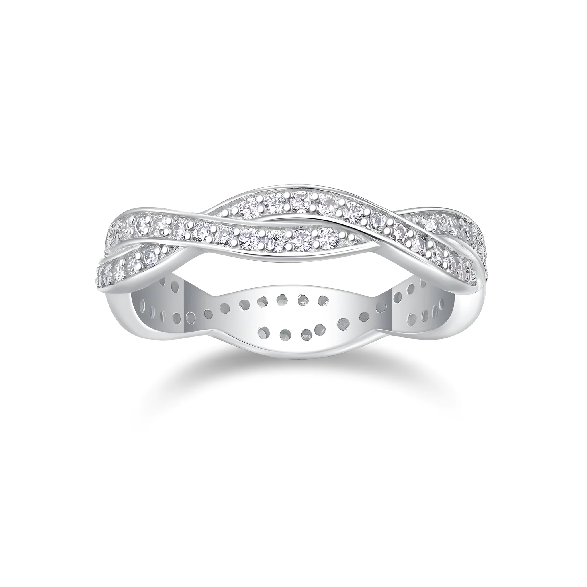 Moissanite wedding ring set in S925 silver with platinum plating on a white background