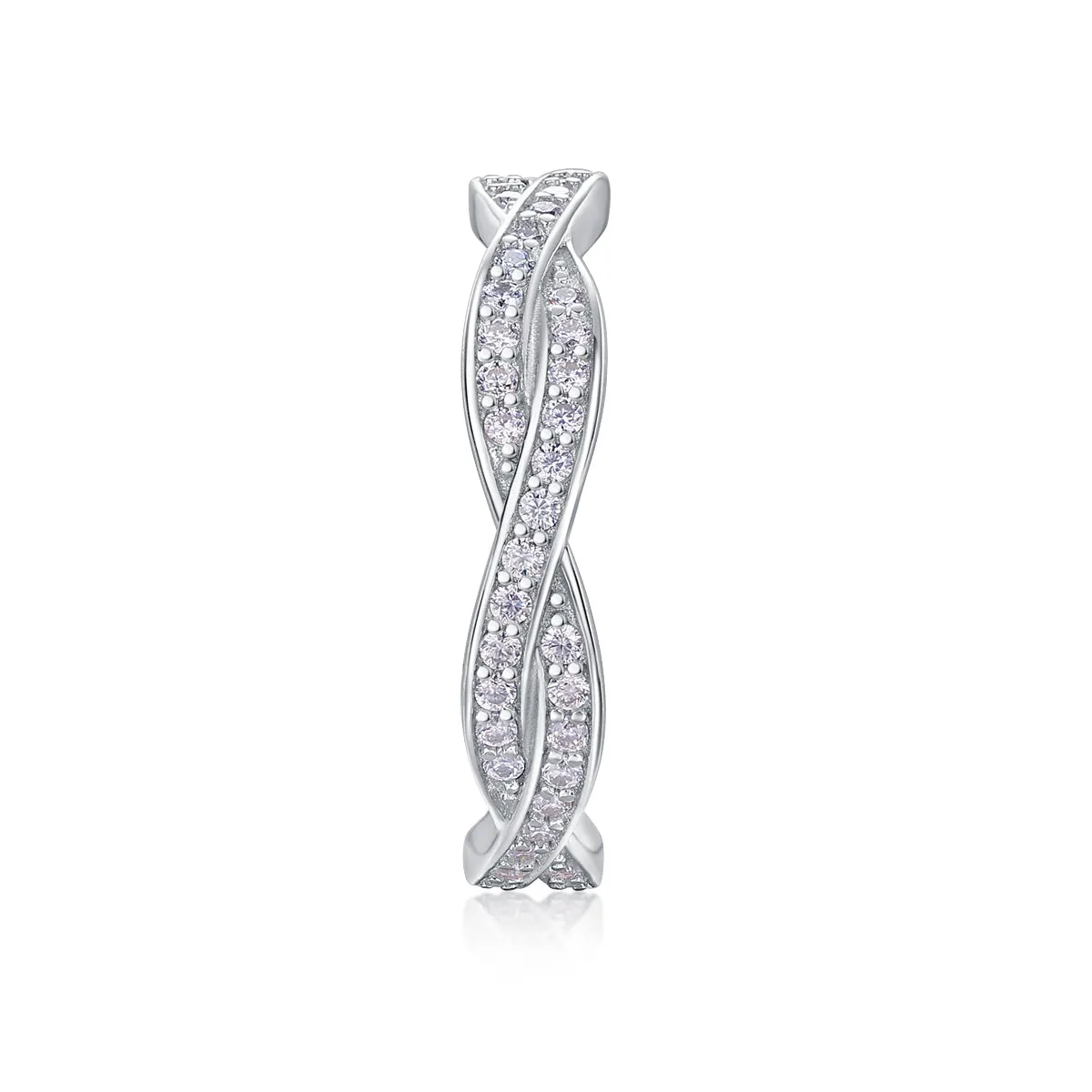 Moissanite wedding ring set in S925 silver with platinum plating on a white background