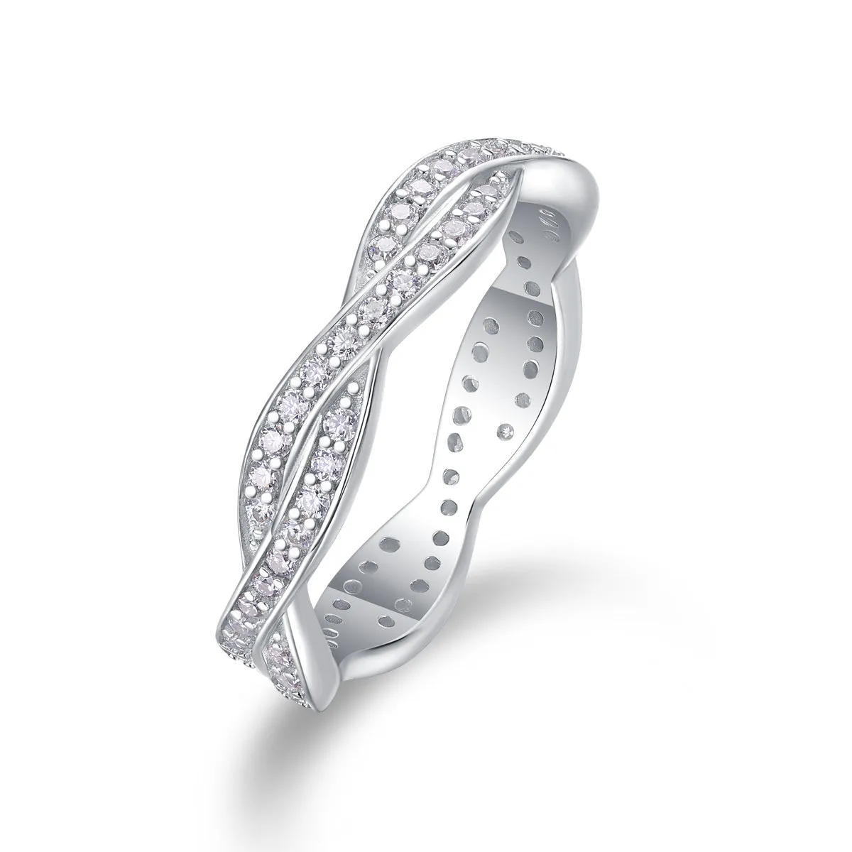 Moissanite wedding ring set in S925 silver with platinum plating on a white background