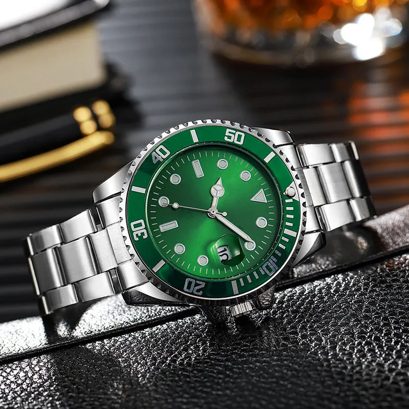 Men's luminous steel strap watch with 40mm dial and single calendar in black