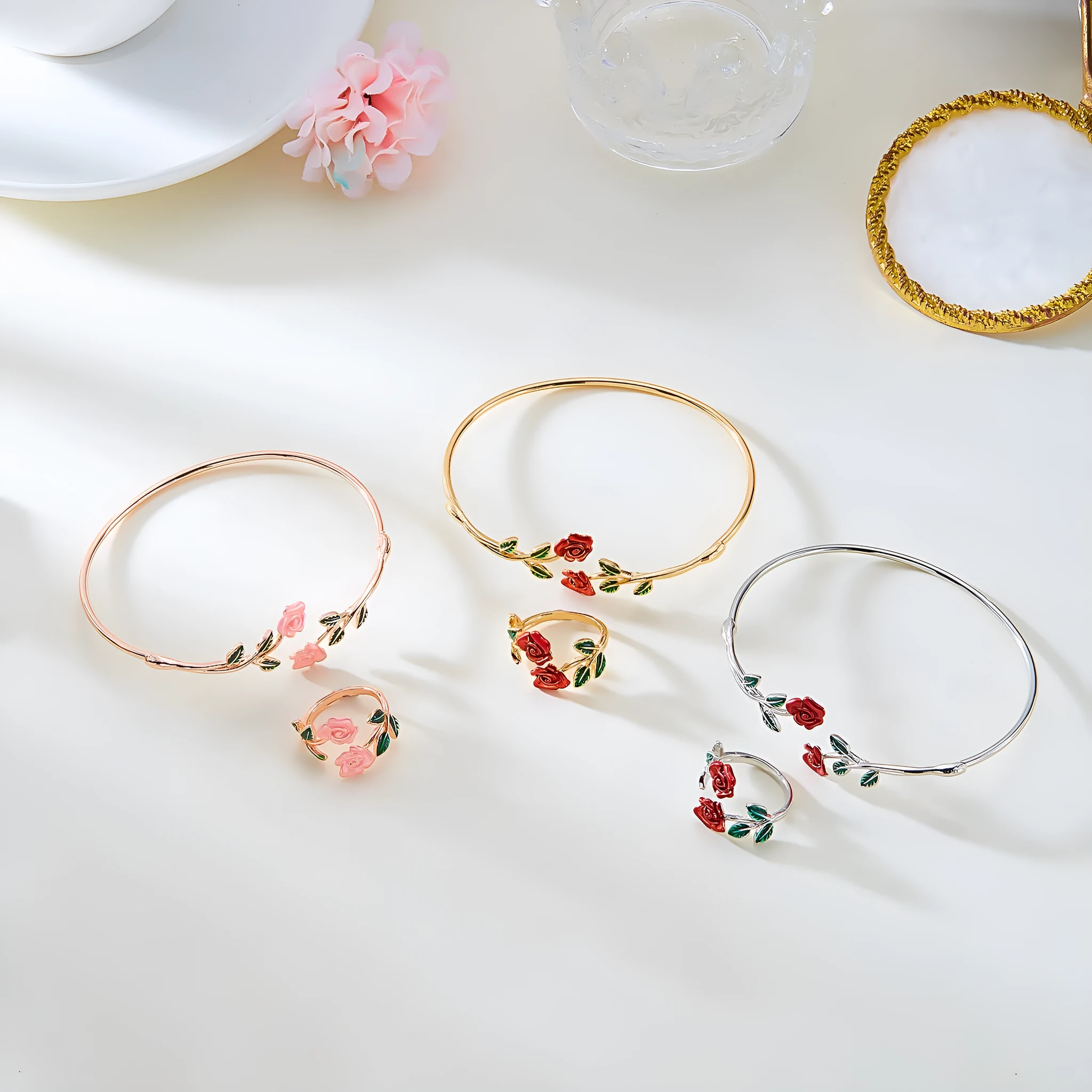 Rose open bracelet and ring set for women, electroplated copper, three colour options, European American style