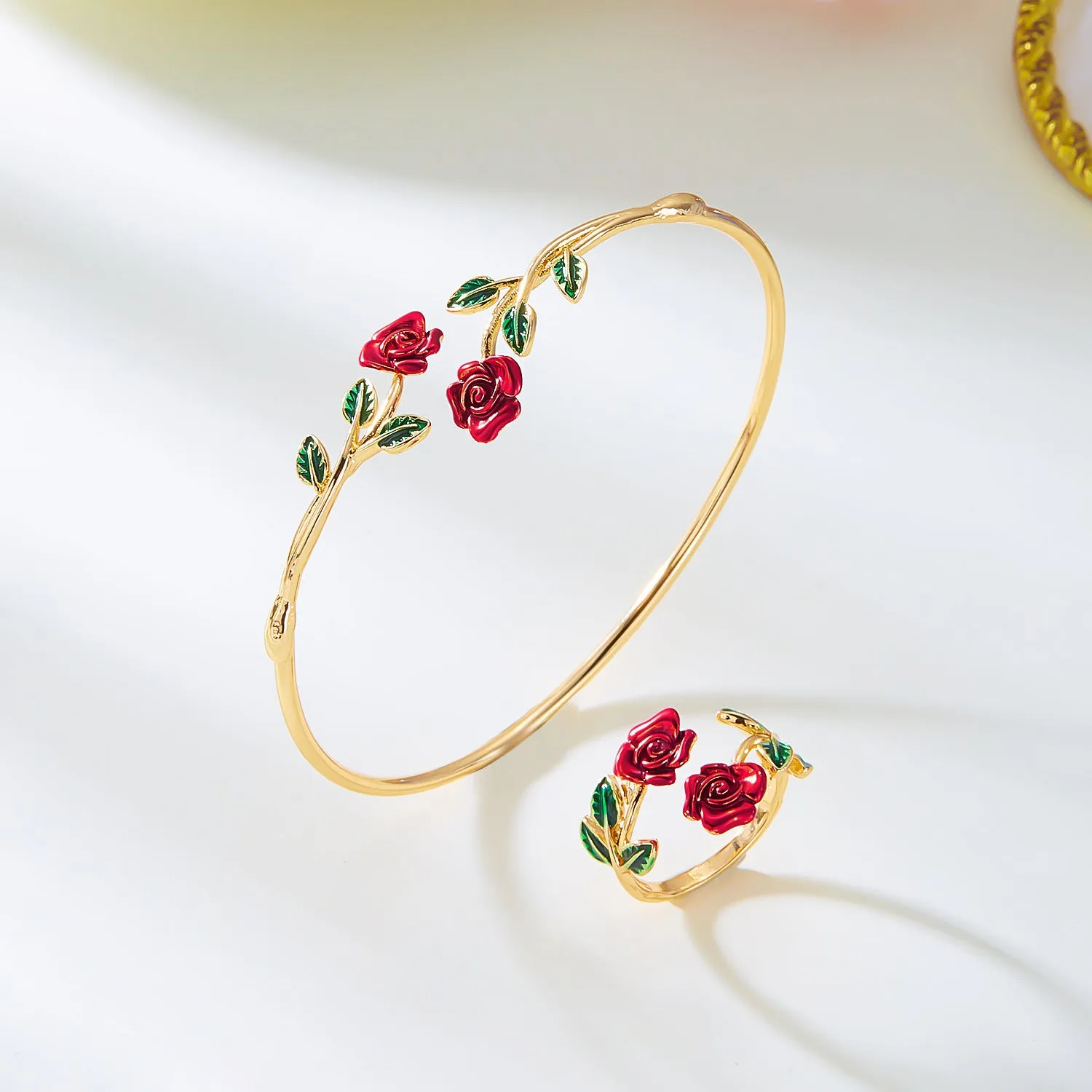 Rose open bracelet and ring set for women, electroplated copper, three colour options, European American style