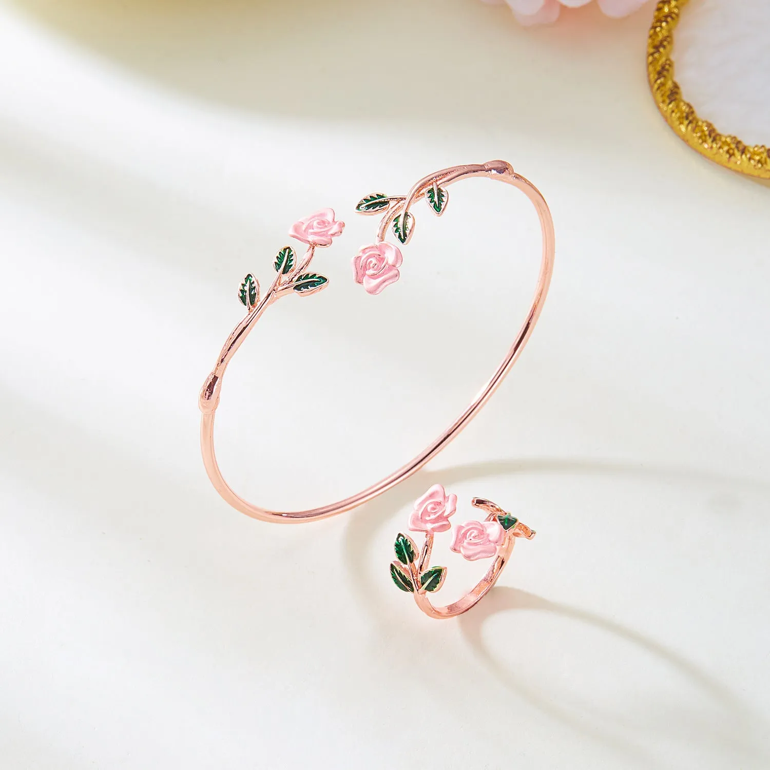 Rose open bracelet and ring set for women, electroplated copper, three colour options, European American style