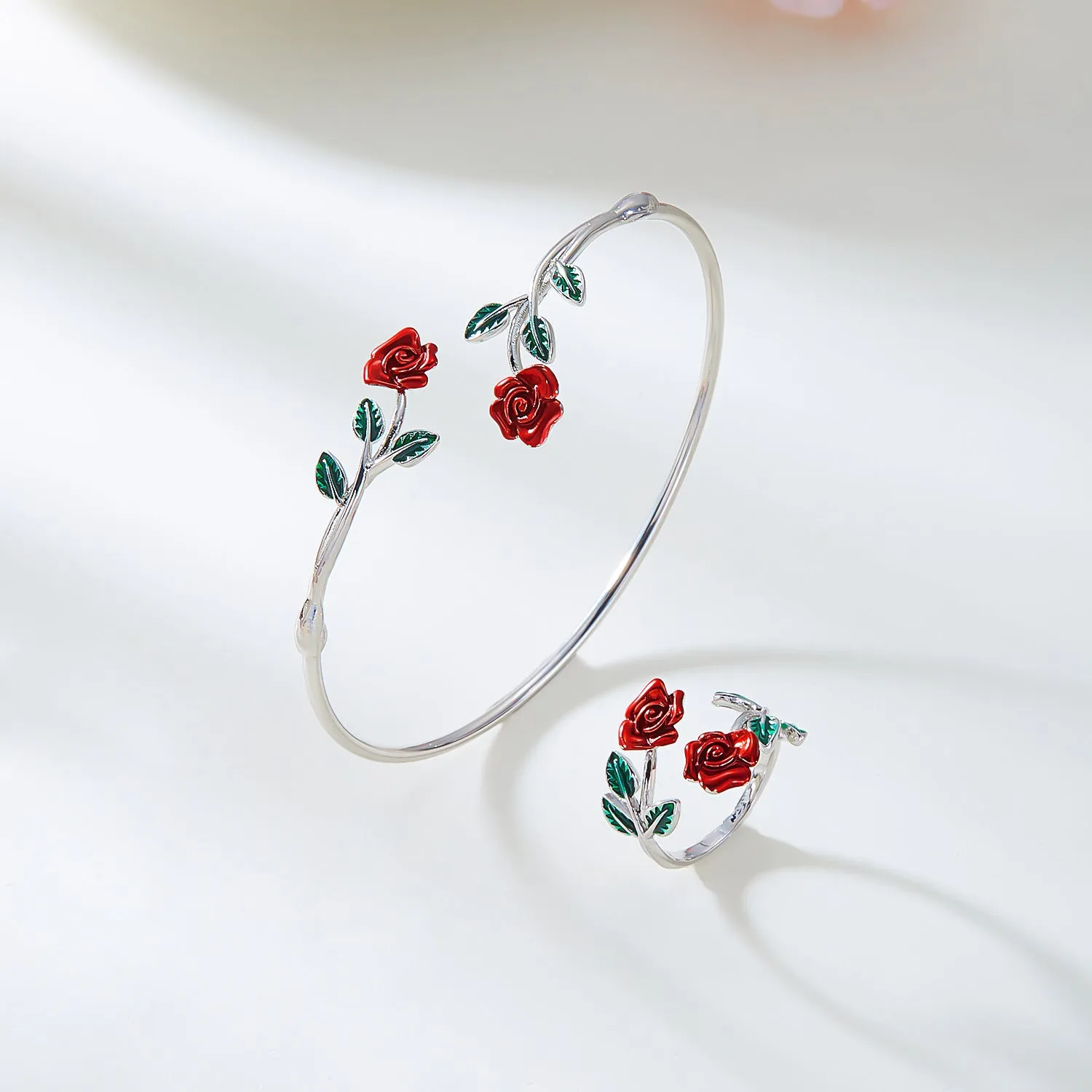 Rose open bracelet and ring set for women, electroplated copper, three colour options, European American style