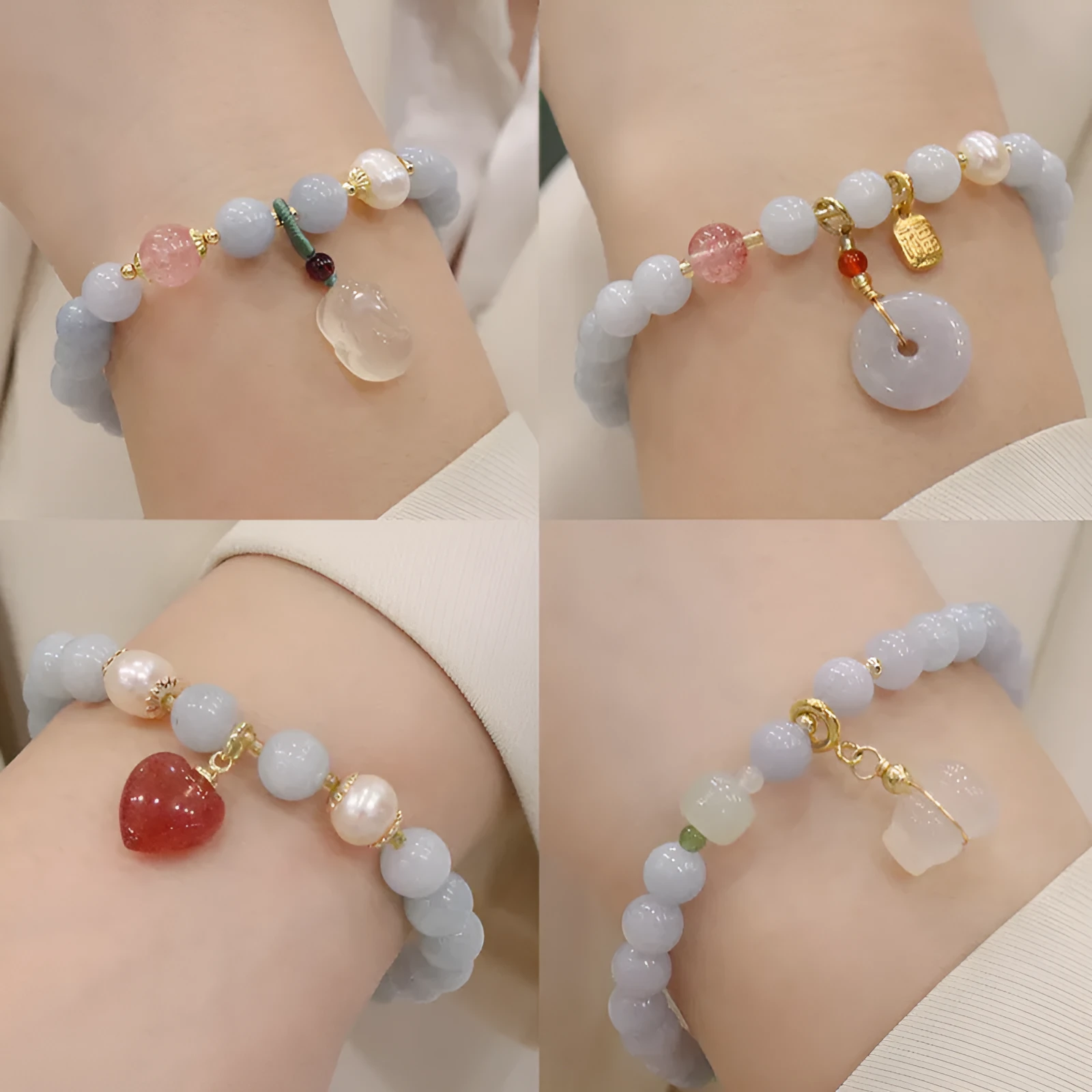 Women's gold-plated bracelet with artificial crystal and chalcedony pendant in climbing cat design