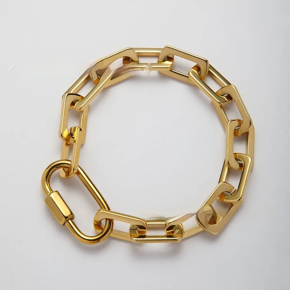 Women's titanium steel carabiner bracelet with ellipse design in gold or silver electroplated finish