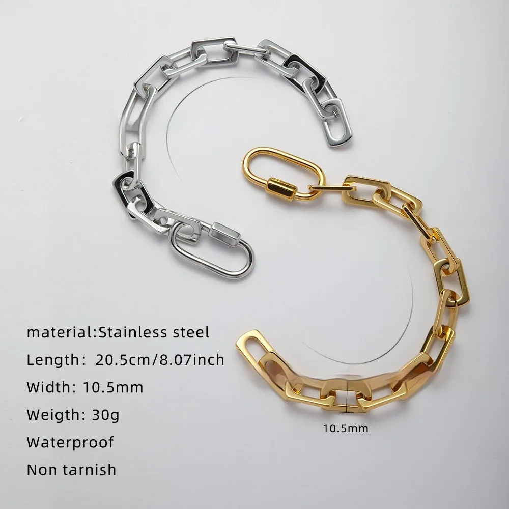 Women's titanium steel carabiner bracelet with ellipse design in gold or silver electroplated finish