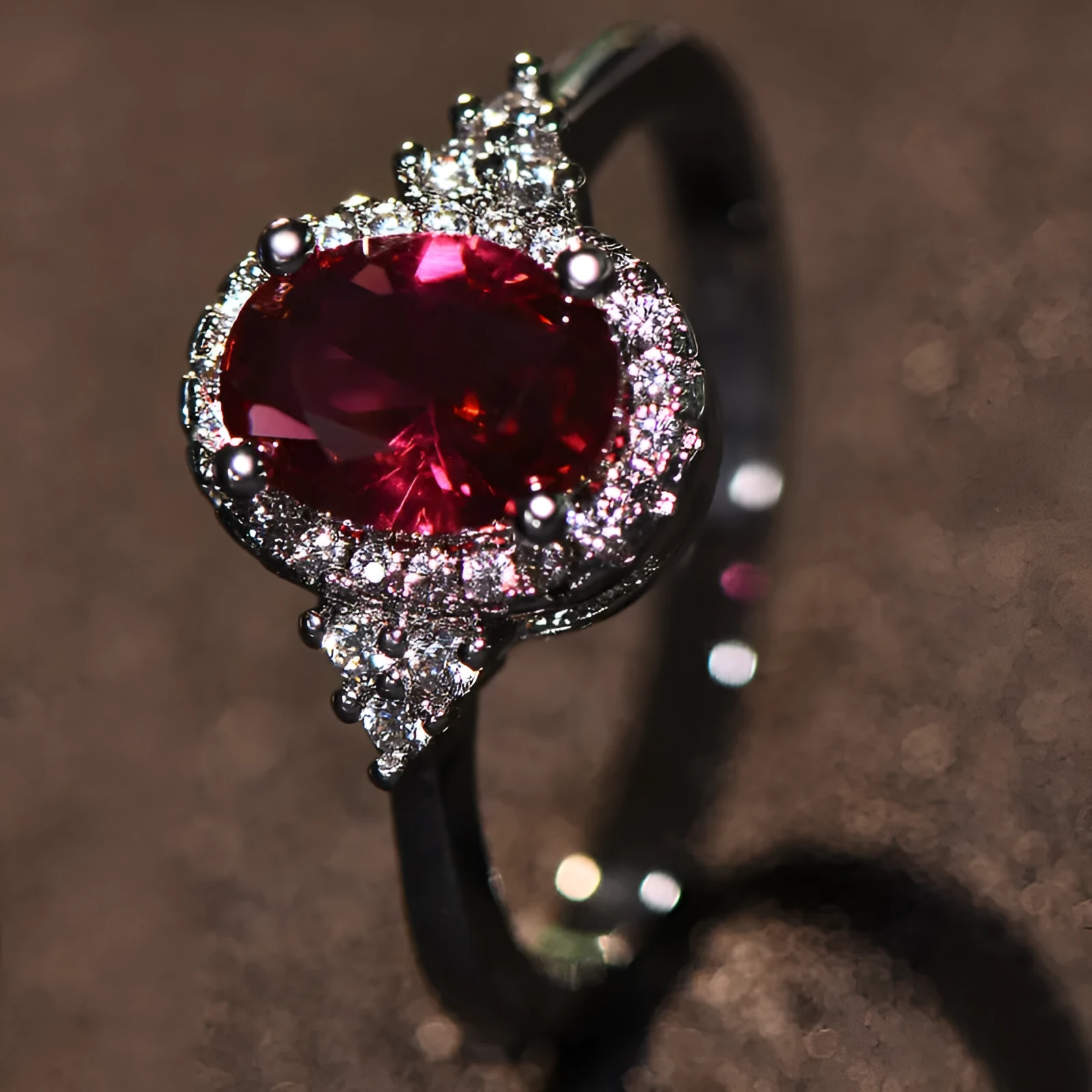 Oval ruby colour copper ring with adjustable open mouth design and white gold tone finish