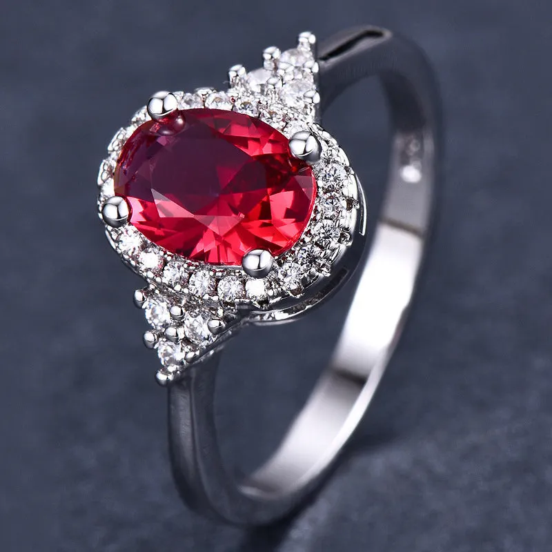 Oval ruby colour copper ring with adjustable open mouth design and white gold tone finish