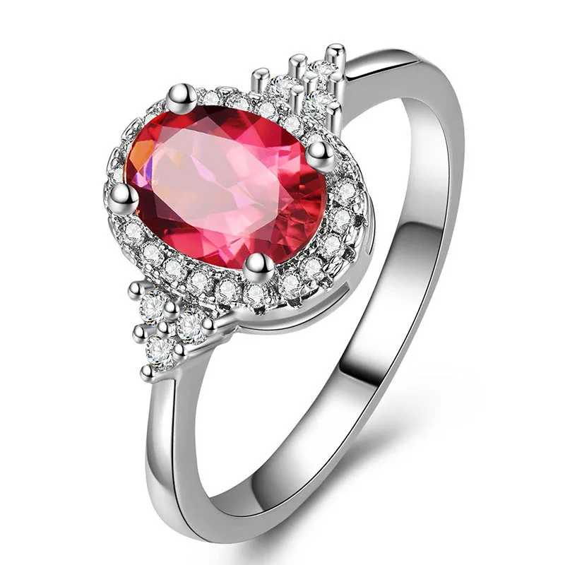 Oval ruby colour copper ring with adjustable open mouth design and white gold tone finish
