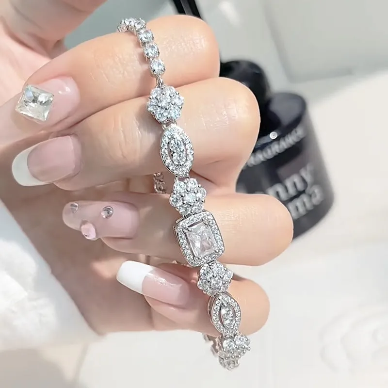 Women's silver-plated diamond bracelet with inlaid zircon, geometric shape, copper white gold plated, Type A 16+3cm