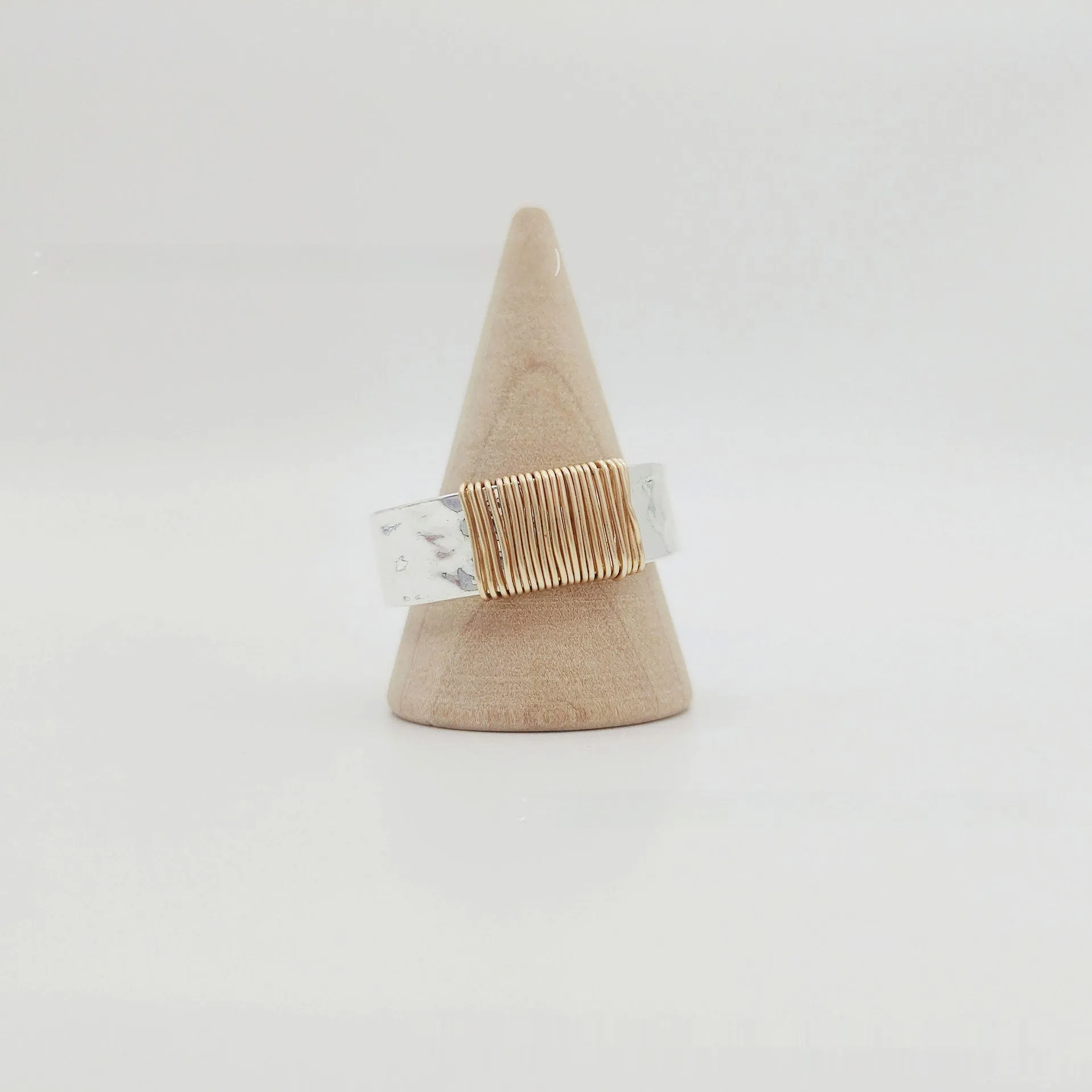 Copper unisex geometric ring with irregular coil design, silver gold electroplated finish, wide face, sizes 5 to 11
