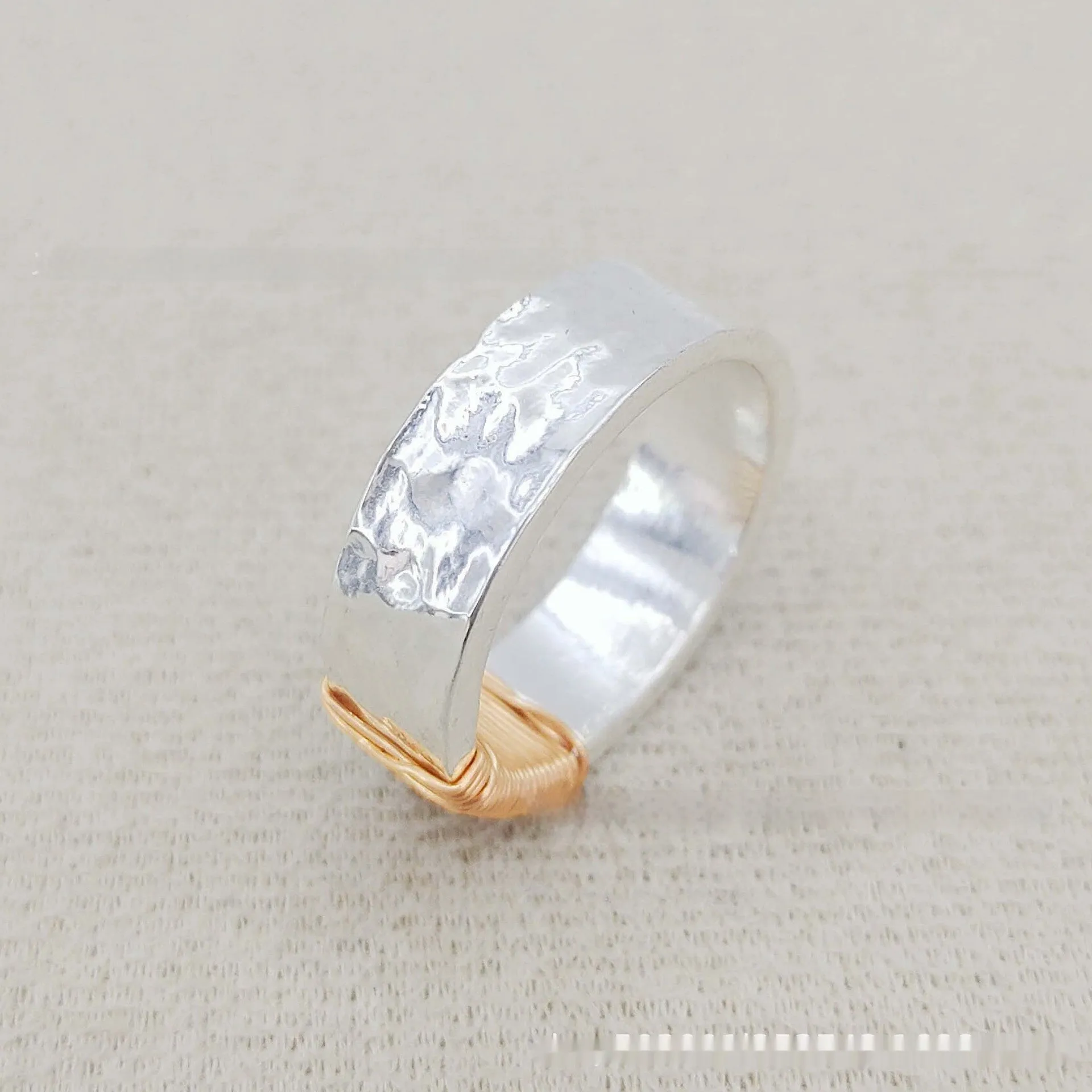 Copper unisex geometric ring with irregular coil design, silver gold electroplated finish, wide face, sizes 5 to 11
