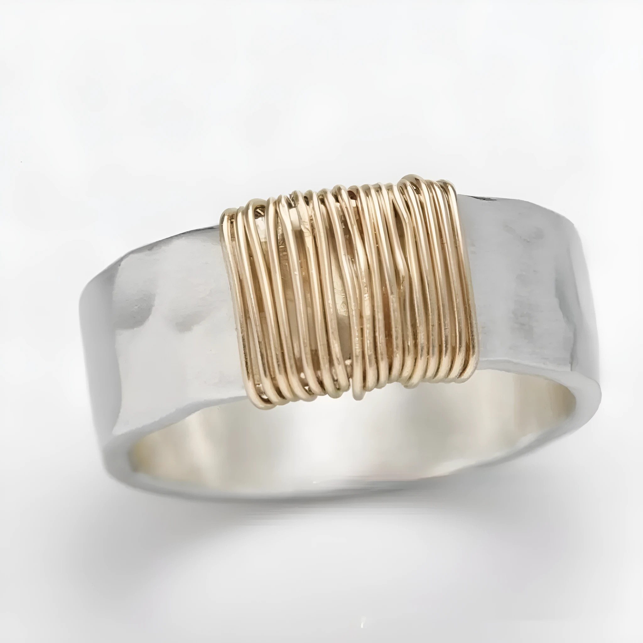 Copper unisex geometric ring with irregular coil design, silver gold electroplated finish, wide face, sizes 5 to 11