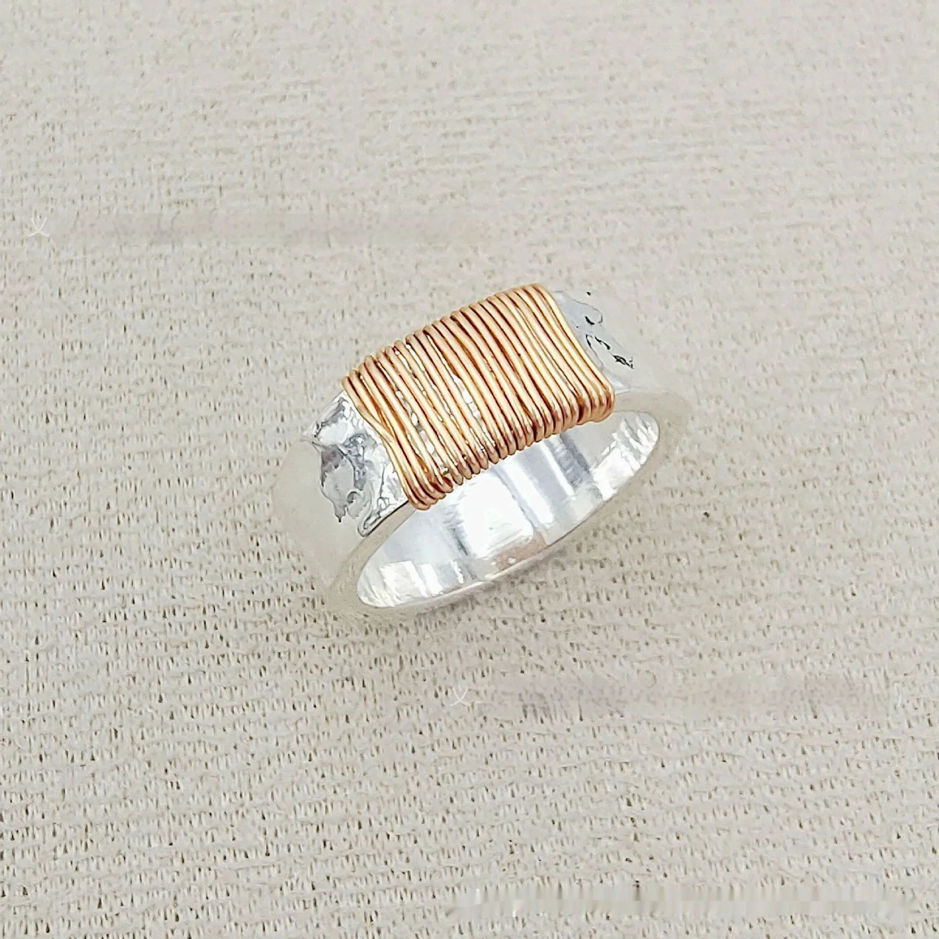 Copper unisex geometric ring with irregular coil design, silver gold electroplated finish, wide face, sizes 5 to 11