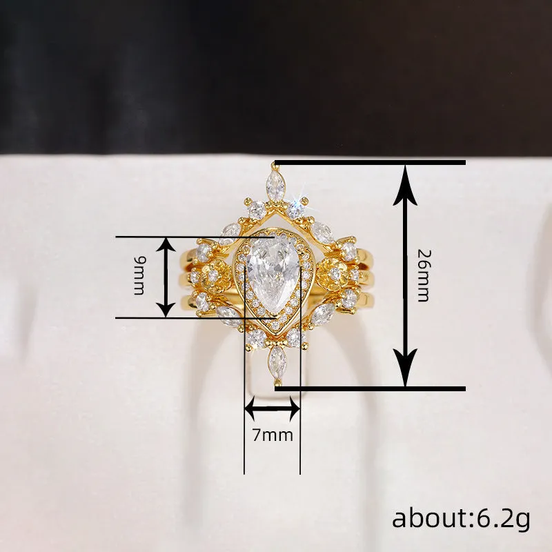 Women's light luxury drop-shaped zircon ring in T0541 yellow gold finish, copper base, geometric water droplet design