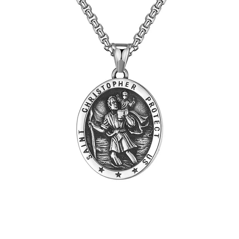 St Christopher titanium steel pendant necklace with 60cm chain, steel colour, geometric Angel motif