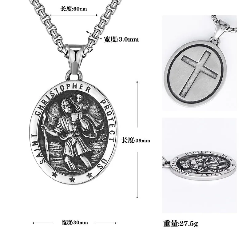St Christopher titanium steel pendant necklace with 60cm chain, steel colour, geometric Angel motif