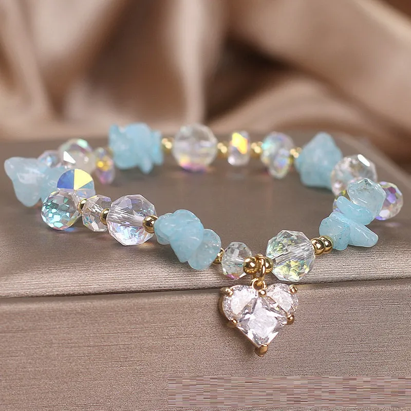 Natural aquamarine gravel crystal bracelet for women in sky blue electroplated finish with heart motif
