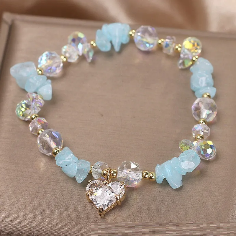 Natural aquamarine gravel crystal bracelet for women in sky blue electroplated finish with heart motif