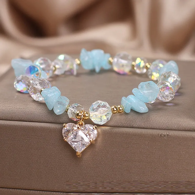 Natural aquamarine gravel crystal bracelet for women in sky blue electroplated finish with heart motif