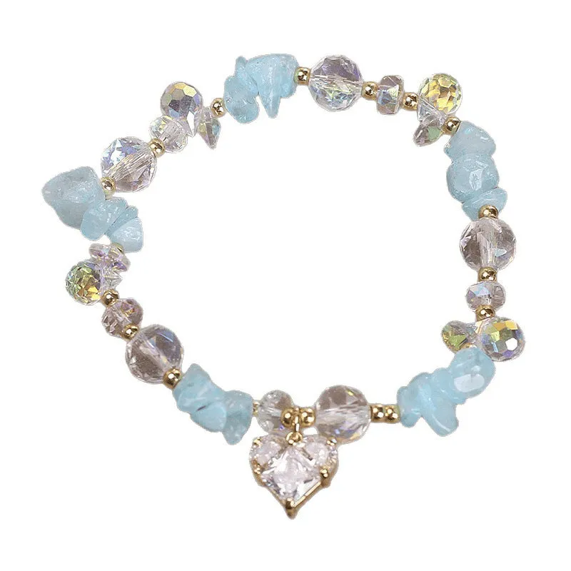 Natural aquamarine gravel crystal bracelet for women in sky blue electroplated finish with heart motif