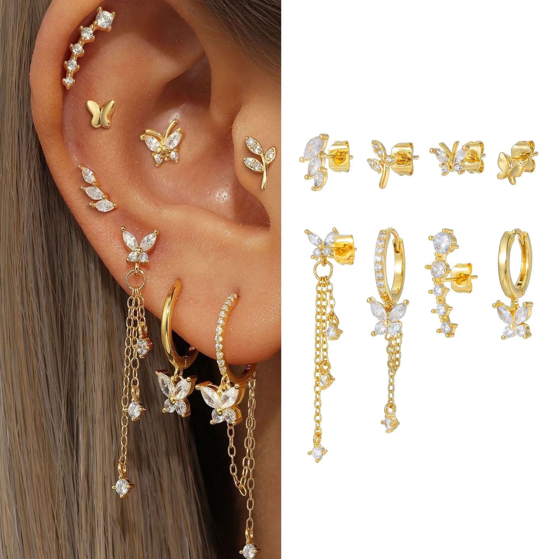 Gold and white copper inlaid zircon butterfly chain tassel ear bone stud eight-piece earring set for women