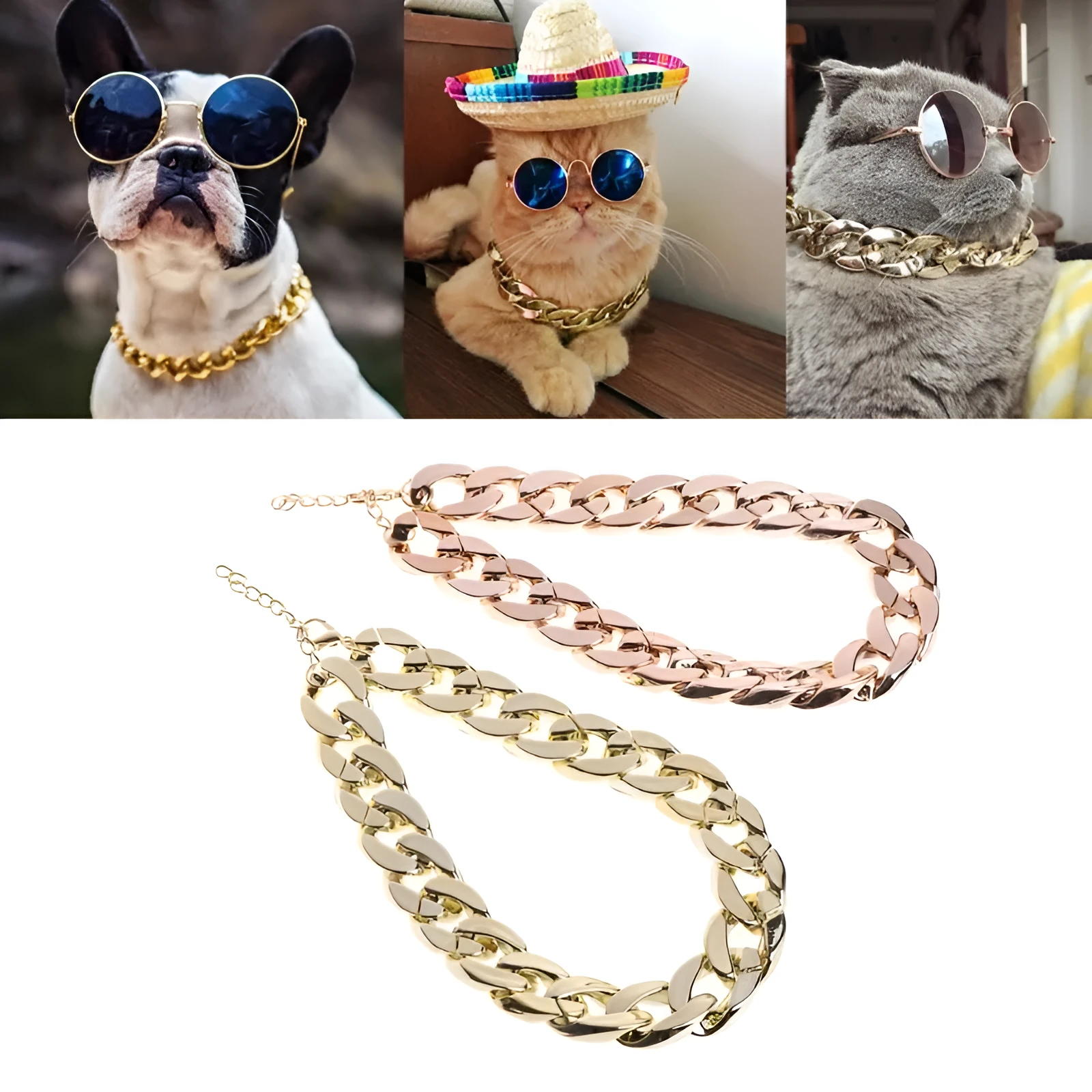 Gold plated plastic pet necklace with thick chain design on a small dog
