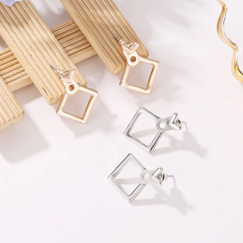 Hollow diamond square alloy stud earrings for women, geometric shape, multiple colour options