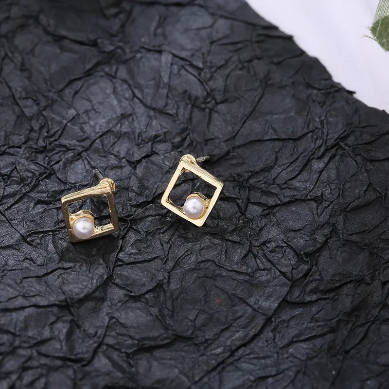 Hollow diamond square alloy stud earrings for women, geometric shape, multiple colour options