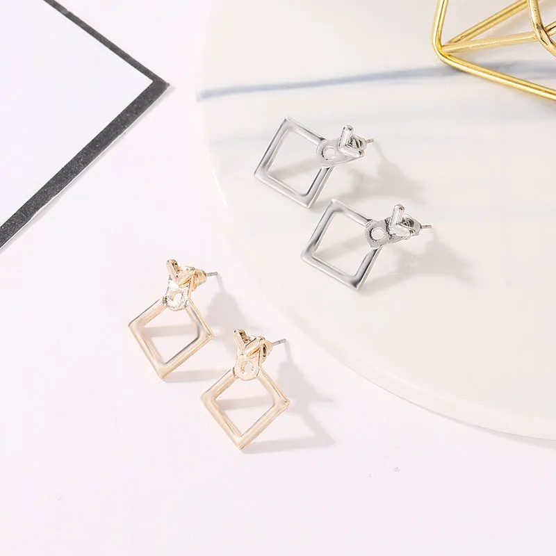 Hollow diamond square alloy stud earrings for women, geometric shape, multiple colour options