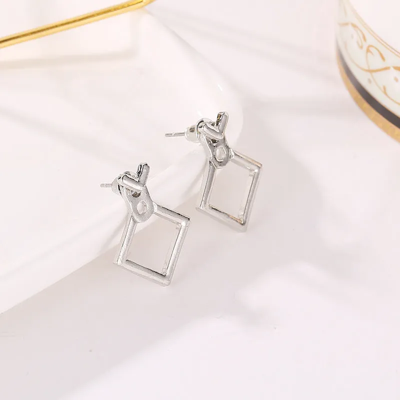 Hollow diamond square alloy stud earrings for women, geometric shape, multiple colour options