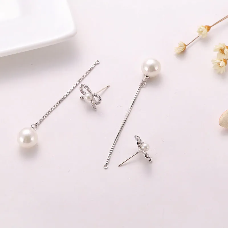 Sterling silver bow earrings with long pearl pendant, hypoallergenic copper construction, women's two-way style