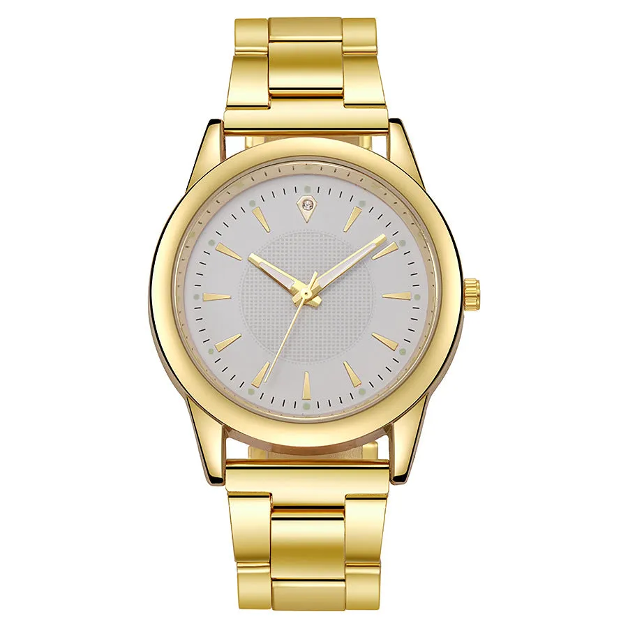 Men's casual stainless steel quartz watch with round dial, 40.5mm, showing gold case and black surface
