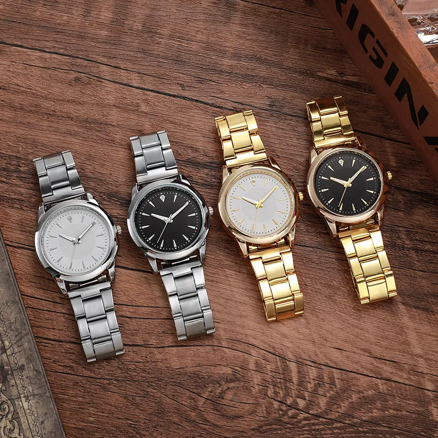 Men's casual stainless steel quartz watch with round dial, 40.5mm, showing gold case and black surface
