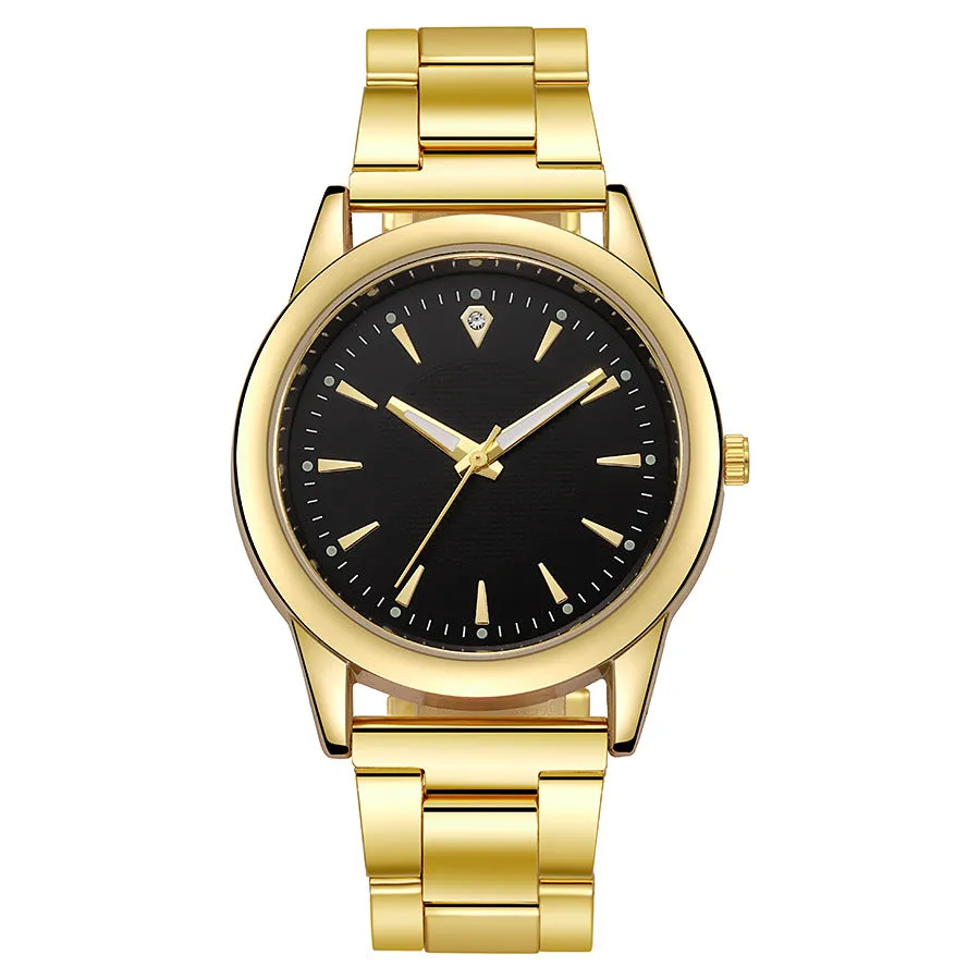 Men's casual stainless steel quartz watch with round dial, 40.5mm, showing gold case and black surface
