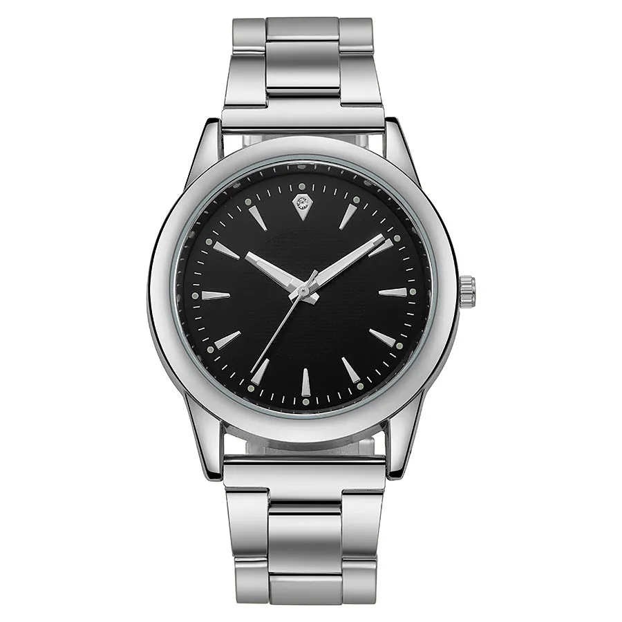 Men's casual stainless steel quartz watch with round dial, 40.5mm, showing gold case and black surface
