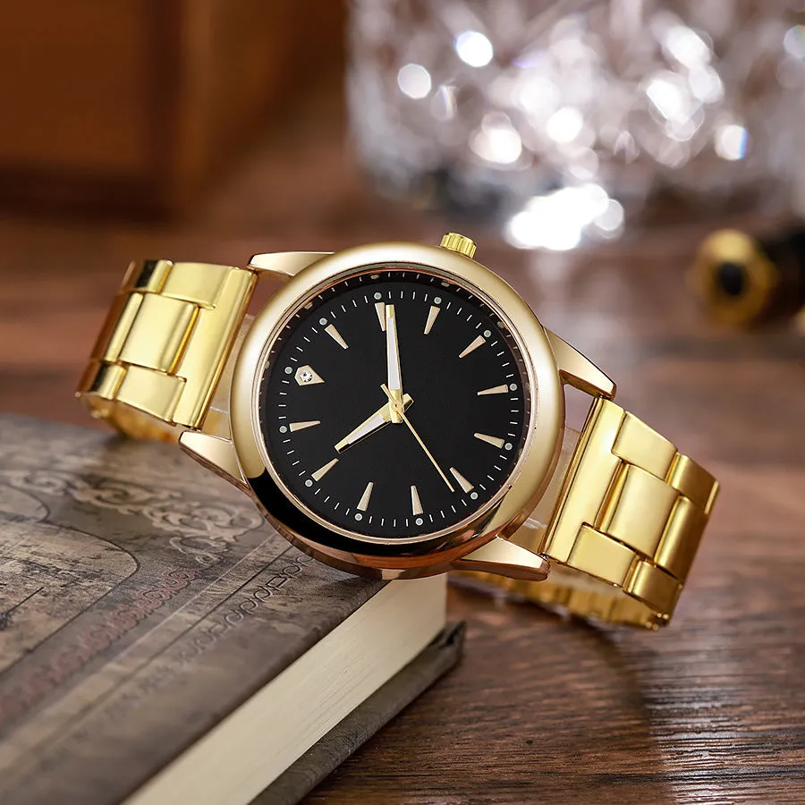 Men's casual stainless steel quartz watch with round dial, 40.5mm, showing gold case and black surface