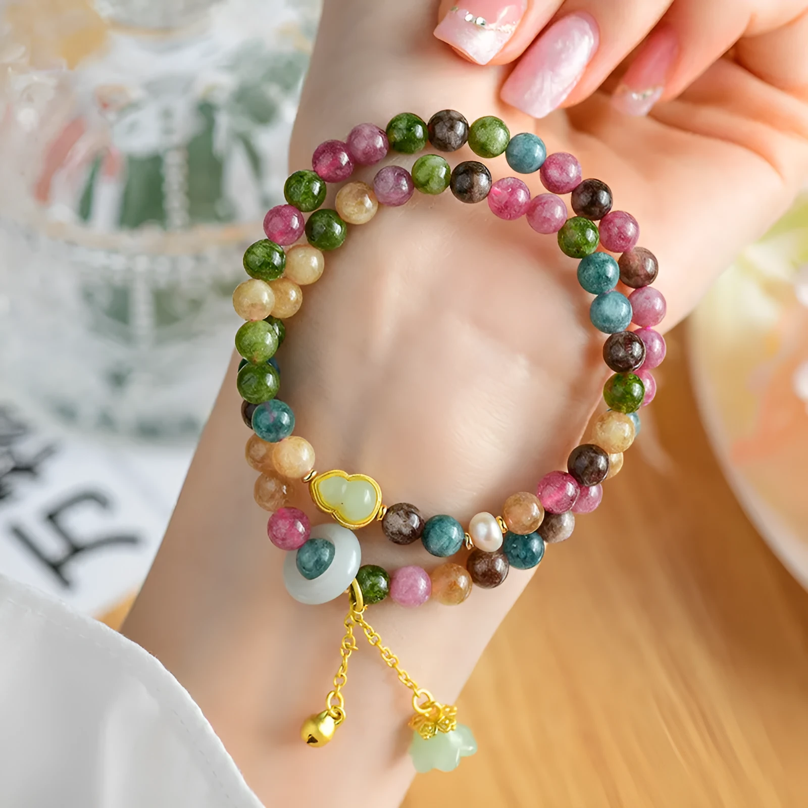 Chalcedony double circle bracelet with geometric beads for women's jewellery