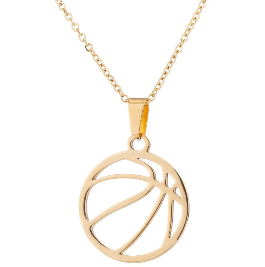 Gold stainless steel volleyball pendant necklace on display with chain and 3cm extender