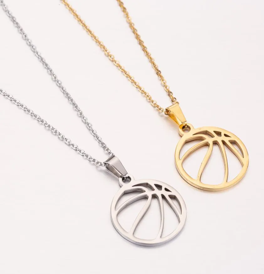 Gold stainless steel volleyball pendant necklace on display with chain and 3cm extender