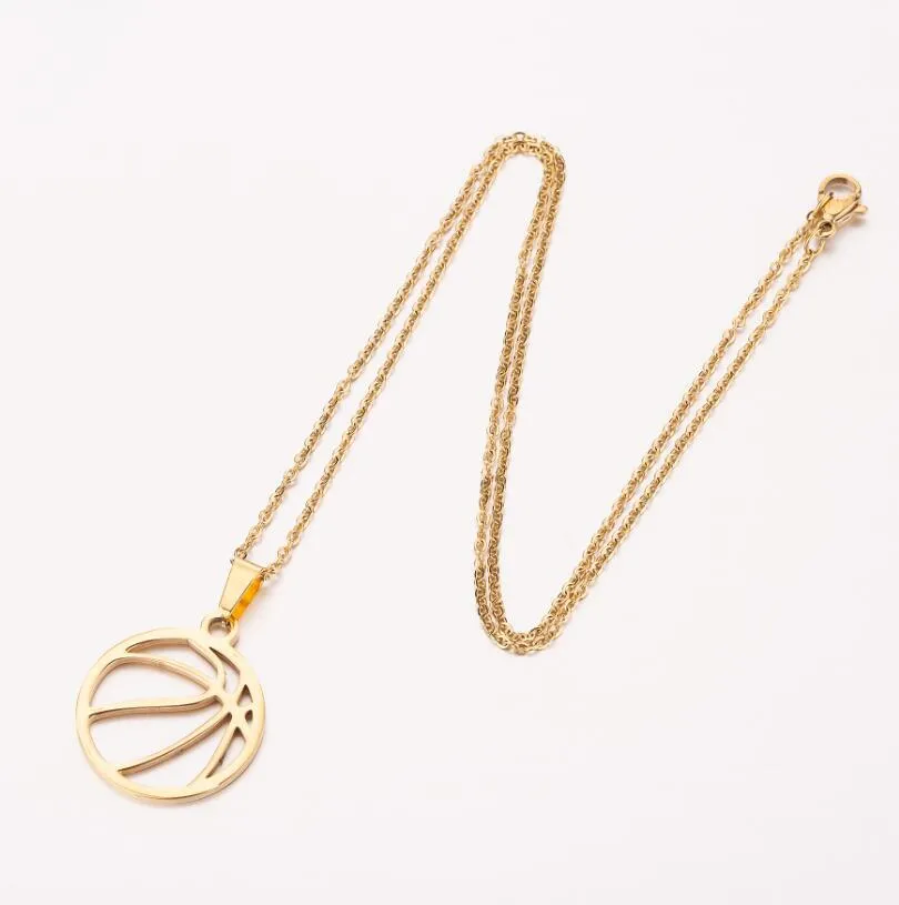 Gold stainless steel volleyball pendant necklace on display with chain and 3cm extender