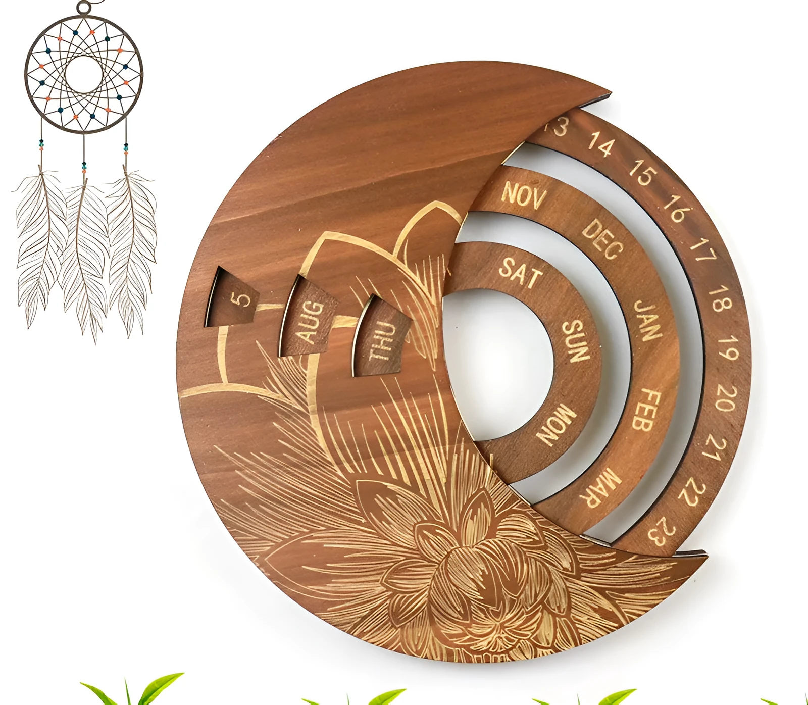 Round wooden perpetual wall calendar in basswood with polished finish, available in multiple colours
